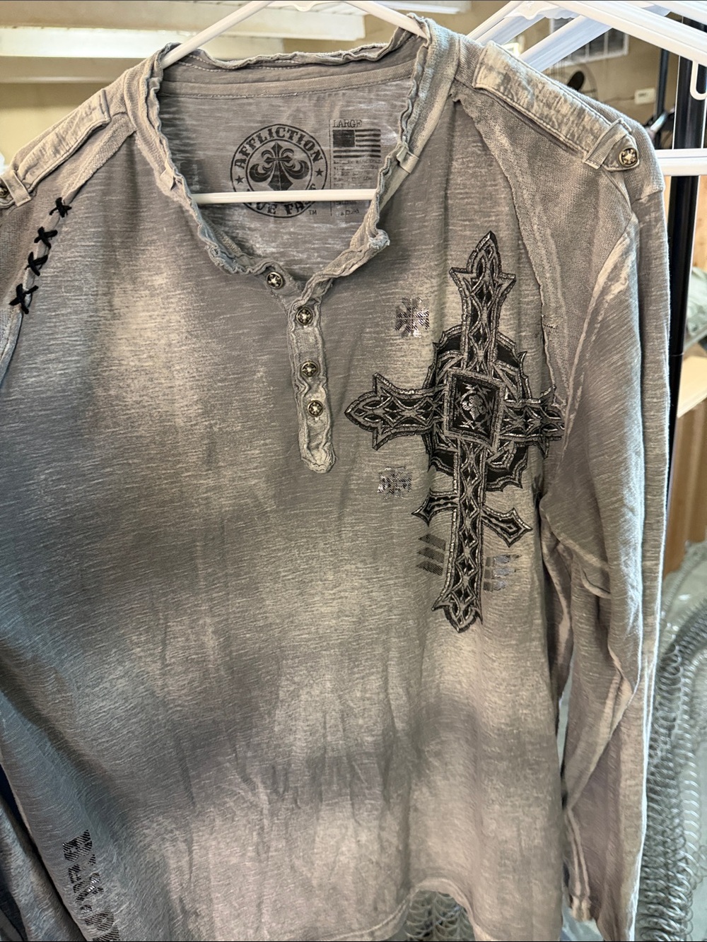 Affliction Washed Gray Cross Embroidered Henley